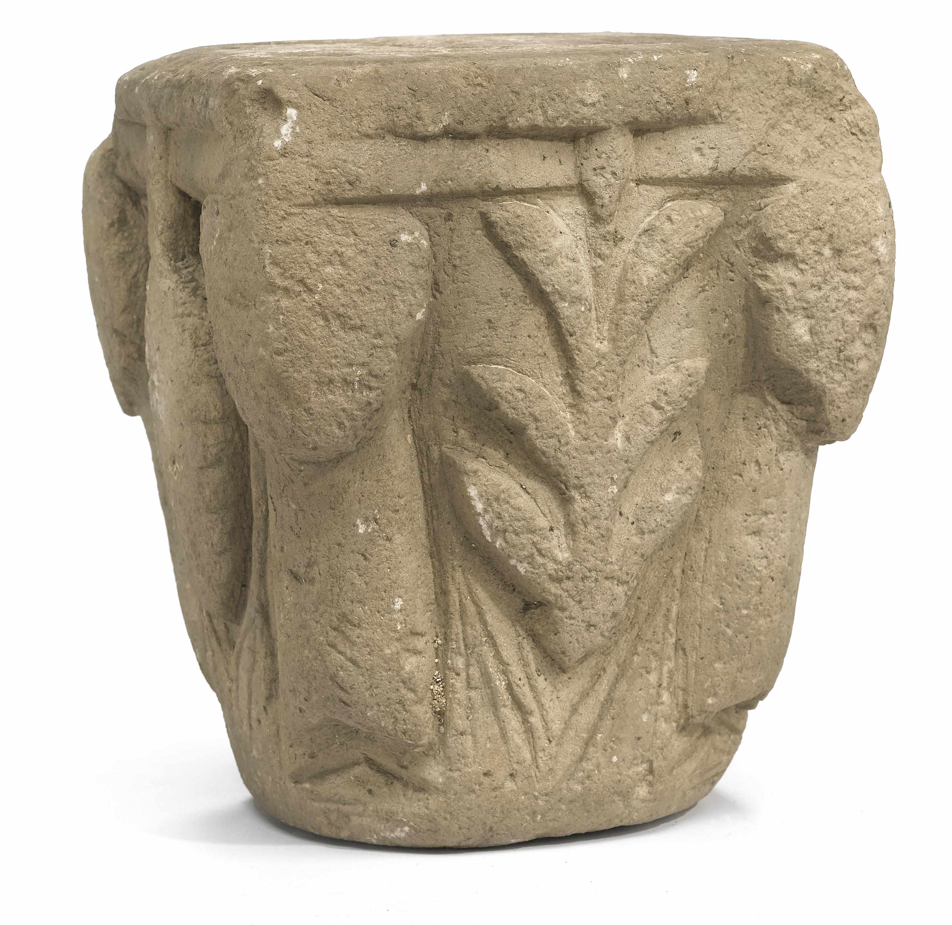 Appraisal: A Romanesque carved stone capital height in cm width in