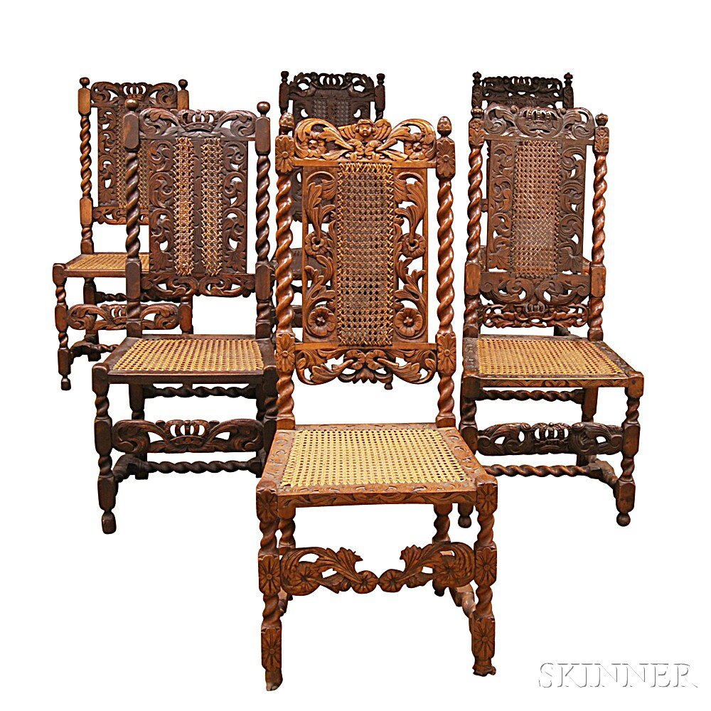 Appraisal: Six Carved Oak Caned Side Chairs th century the figure-