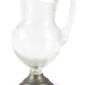 Appraisal: A Ribbed Glass Jug with Pewter Mount American th Century