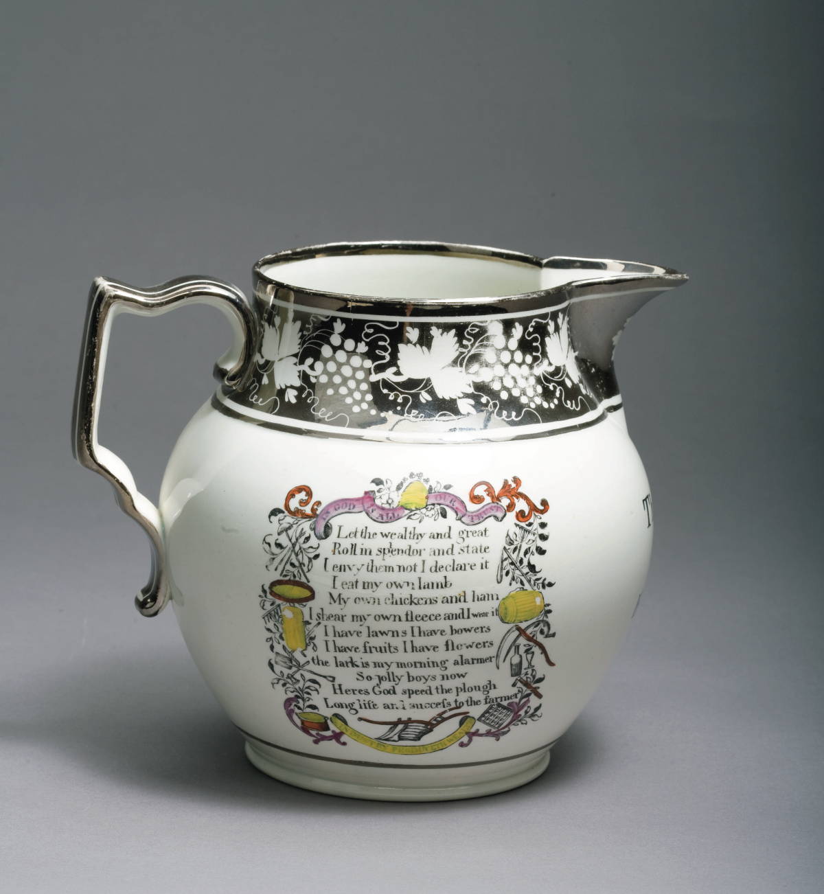 Appraisal: STAFFORDSHIRE PEARLWARE SILVER LUSTRE ENAMEL-DECORATED AND BLACK TRANSFER-PRINTED MARRIAGE JUG