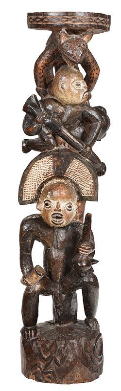 Appraisal: Cameroon Carved and Polychromed Figural Stand African circa with circular