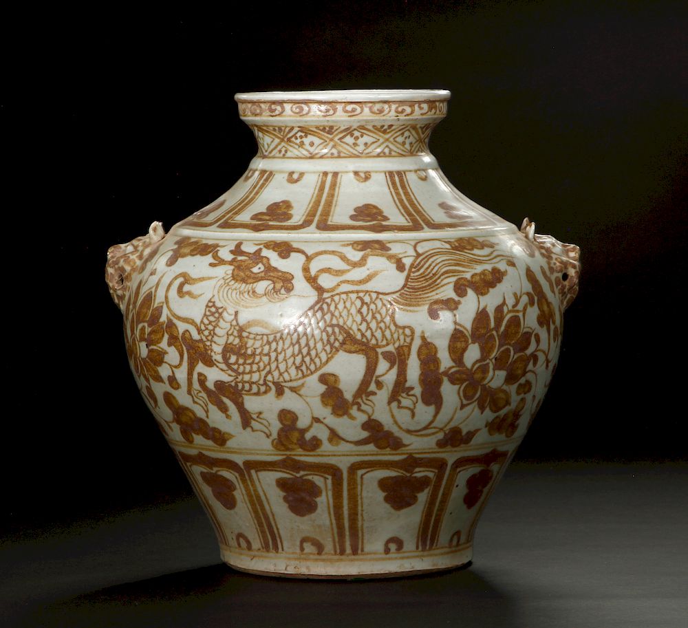 Appraisal: Rare Large Golden-Brown Painted 'Qilin' Guan Jar Stoutly potted with