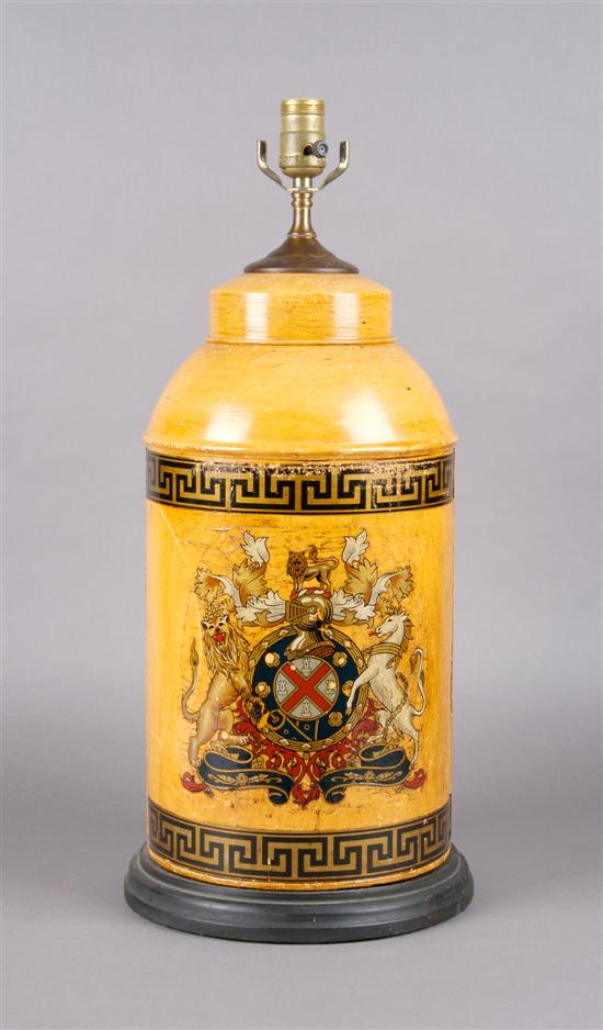 Appraisal: A Painted Tole Cannister Mounted as a Lamp Height overall