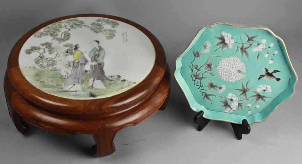 Appraisal: CHINESE FAMILLE ROSE PORCELAIN-INSET HARDWOOD FOOTSTOOL the circular plaque delicately