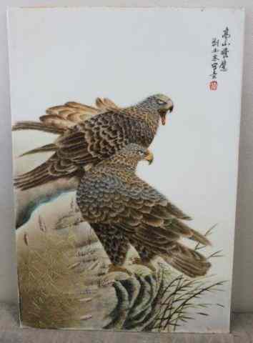 Appraisal: Signed Asian Porcelain Plaque of Two Hawks Probably th century