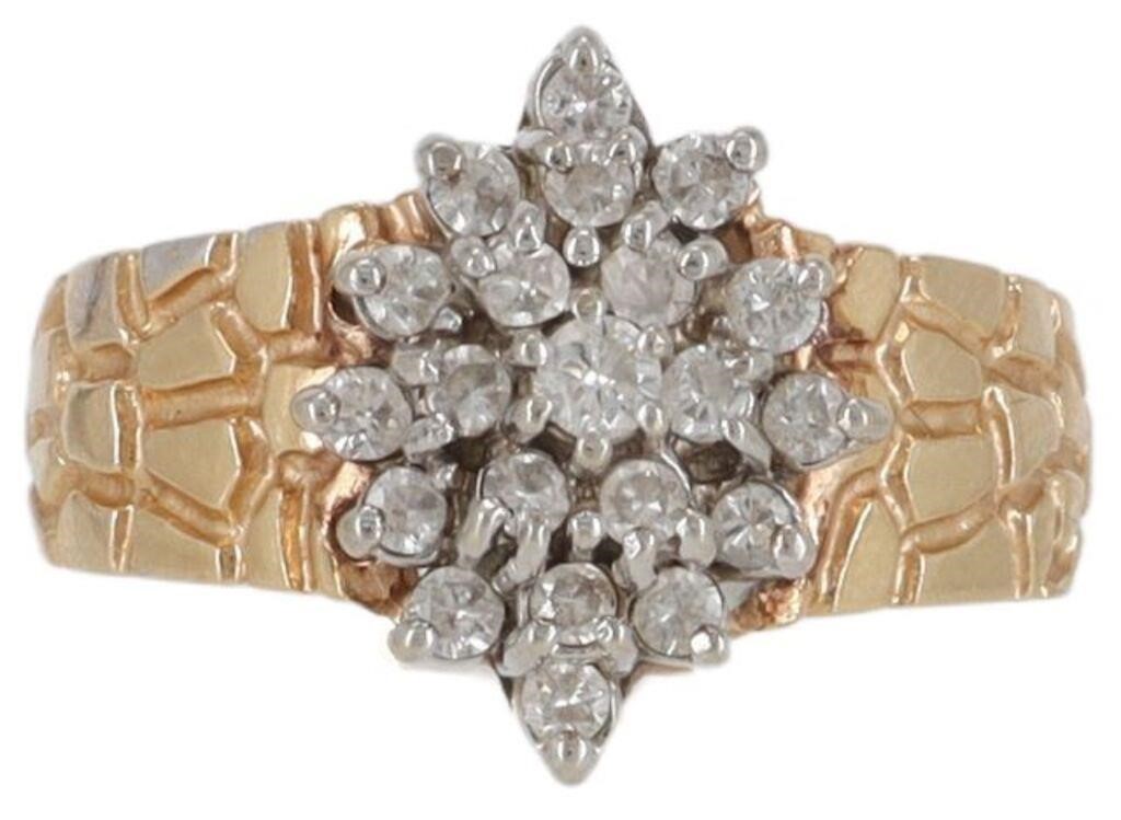 Appraisal: Estate kt yellow gold ring cluster of twenty-one diamonds textured