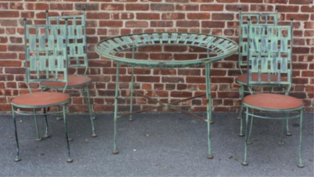 Appraisal: Patinated Deco Style Iron Dining Set Includes chairs and glass