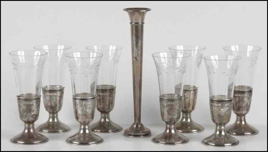 Appraisal: SET OF EIGHT STERLING SILVER AND ETCHED GLASS GOBLETS Together