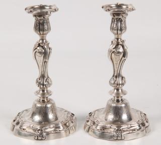 Appraisal: PAIR OF FRENCH SILVER OVER BRONZE CANDLESTICKS TH C PAIR