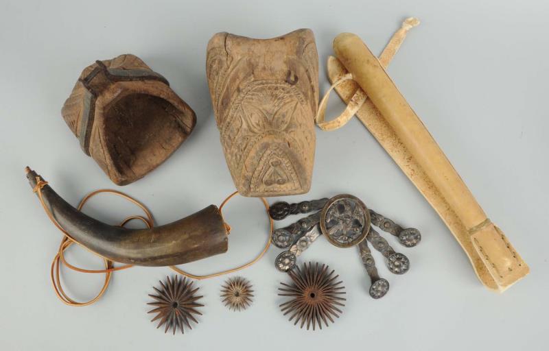 Appraisal: Lot of Mexican Cowboy Accessories Includes two carved wooden stirrups