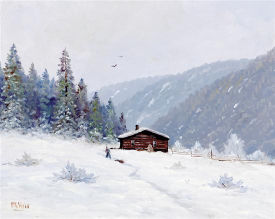 Appraisal: Otto Wald American school th century COUNTRY CABIN IN SNOWY