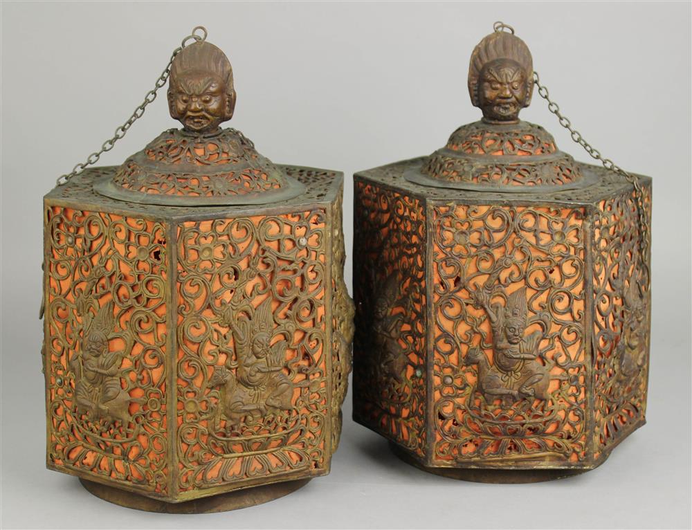 Appraisal: PAIR OF SINO-TIBETAN PIERCED GILT METAL LANTERNS CIRCA each of