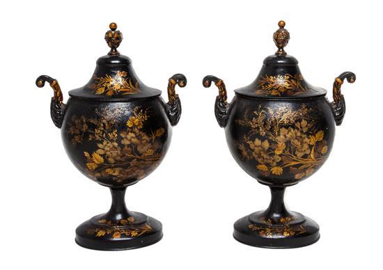 Appraisal: Sale Lot A Pair of English Tole Covered Chestnut Urns