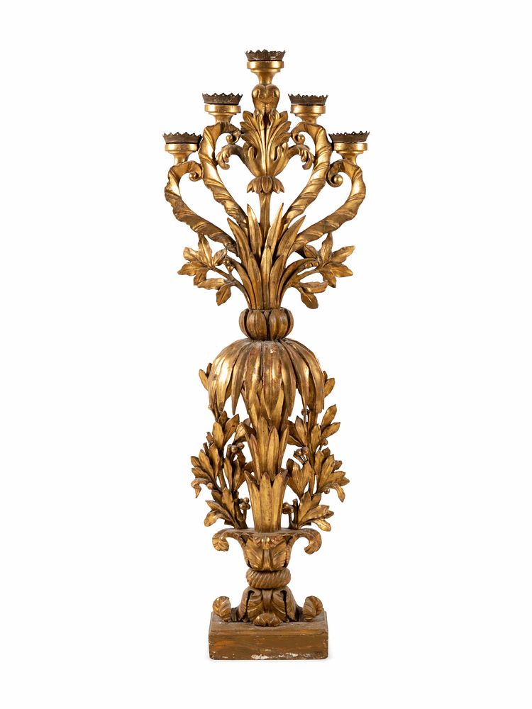 Appraisal: A Neoclassical Giltwood Five-Light Candelabrum A Neoclassical Giltwood Five-Light Candelabrum