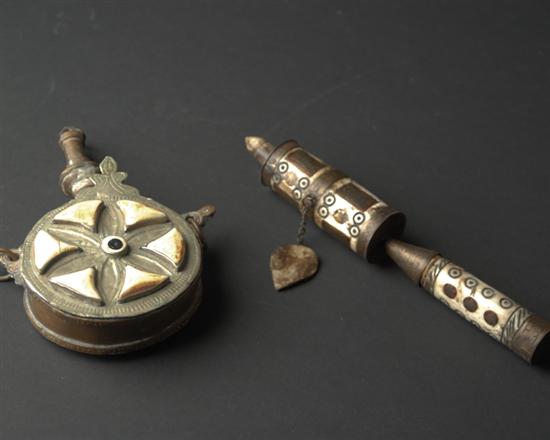 Appraisal: Two Tibetan Items a bone mounted metal flask and a