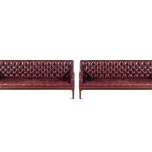 Appraisal: A Pair of English Button-Tufted Leather Sofas th Century Height