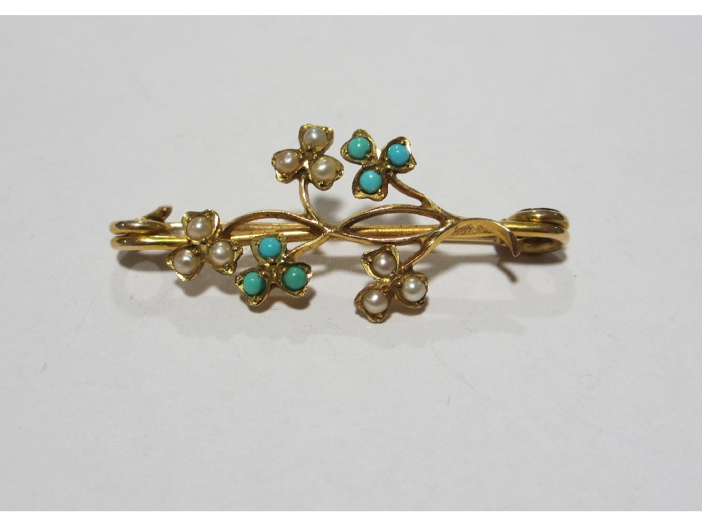 Appraisal: ct gold spray brooch with turquoise and seed pearls set