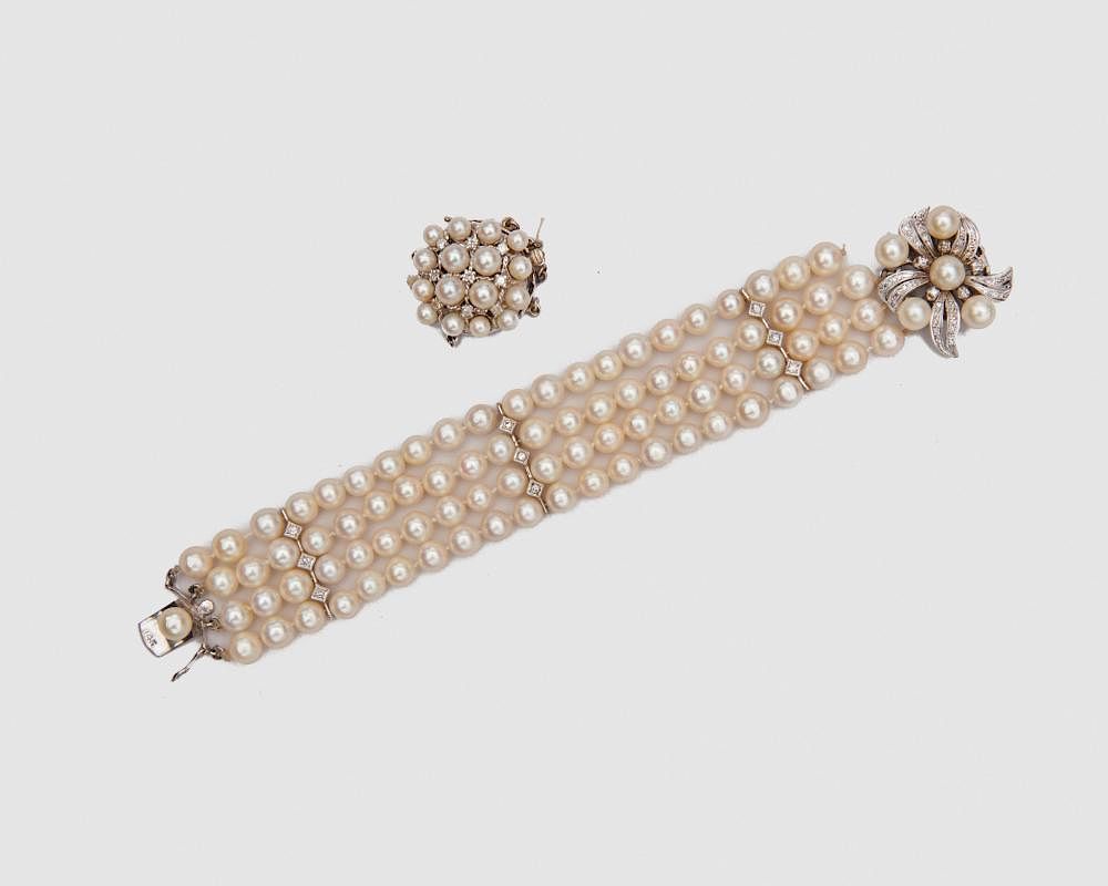 Appraisal: K White Gold Diamond and Pearl Bracelet and Clasp K