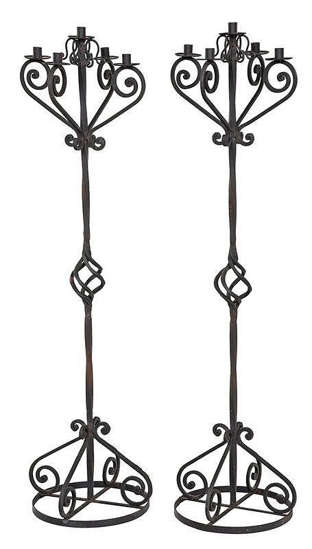 Appraisal: Pair Vintage Wrought Iron Five Light Torchieres early th century