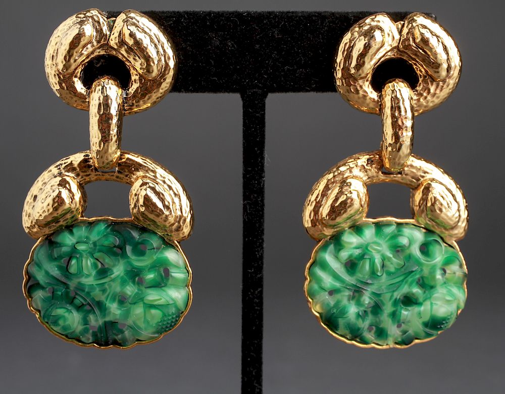 Appraisal: Berebi Faux-Jade Gold-Tone Clip-On Earrings Pr Berebi faux-jade and gold-tone