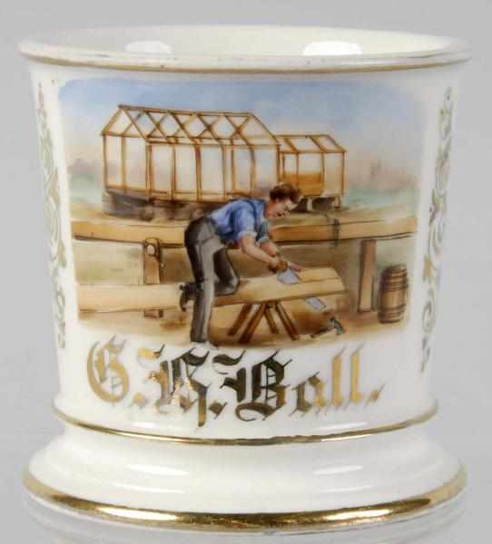 Appraisal: Carpenter Building House Shaving Mug Description Gilt name G K