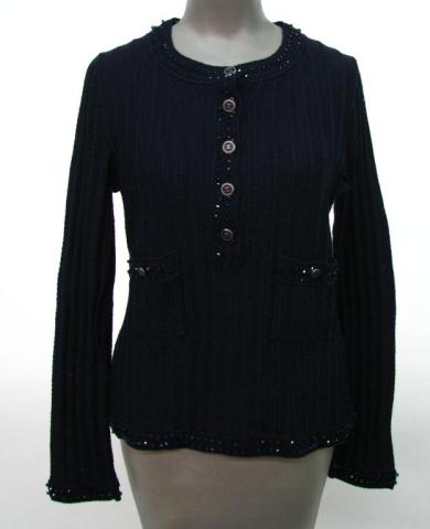 Appraisal: Chanel navy blue cotton ''ribbed'' button down pull over sweater