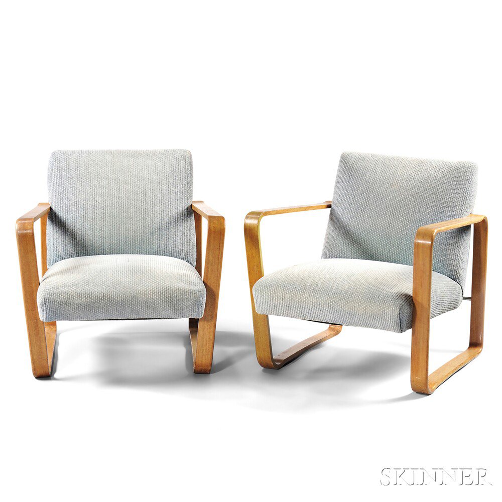 Appraisal: Pair of Bentwood Lounge Chairs Upholstery hardwood metal Mid- th