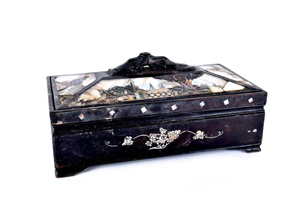 Appraisal: BURMESE MOTHER-OF-PEARL INSET BLACK LACQUER BOXRectangular with a dome-shaped lid