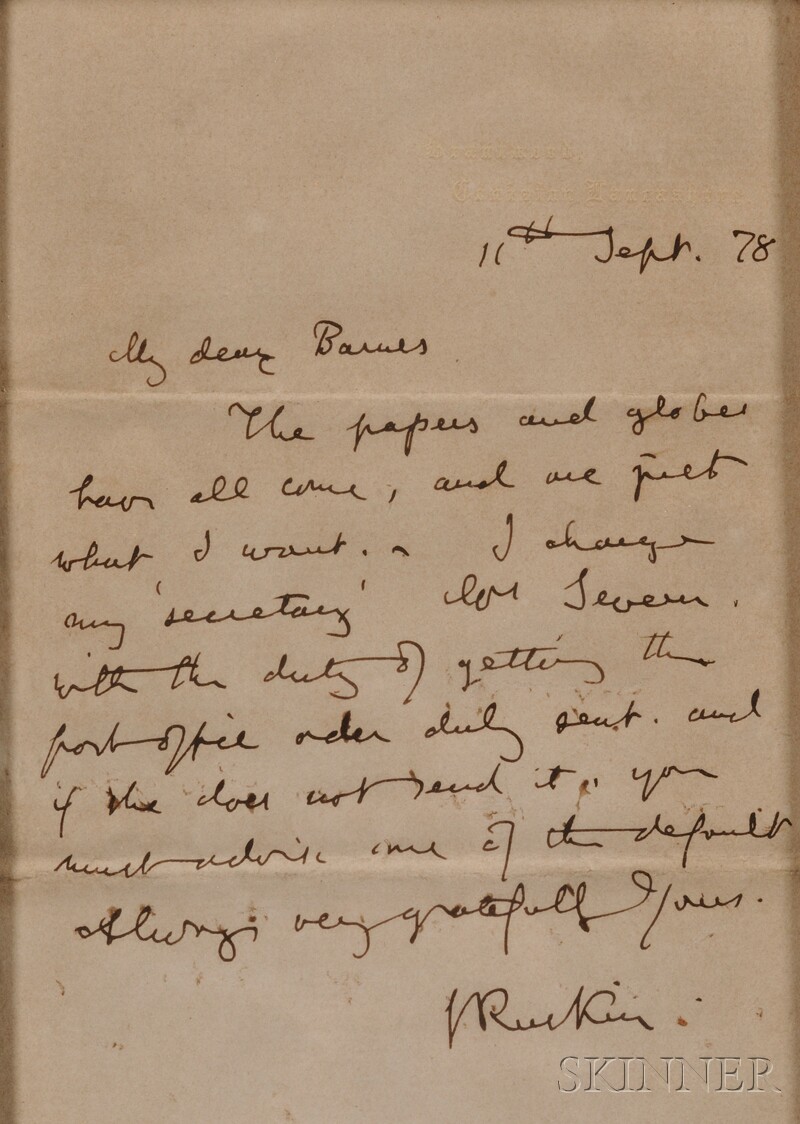 Appraisal: Ruskin John - Autograph letter signed one page September th