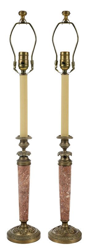 Appraisal: Pair French Marble Candlesticks Mounted as Lamps late th early