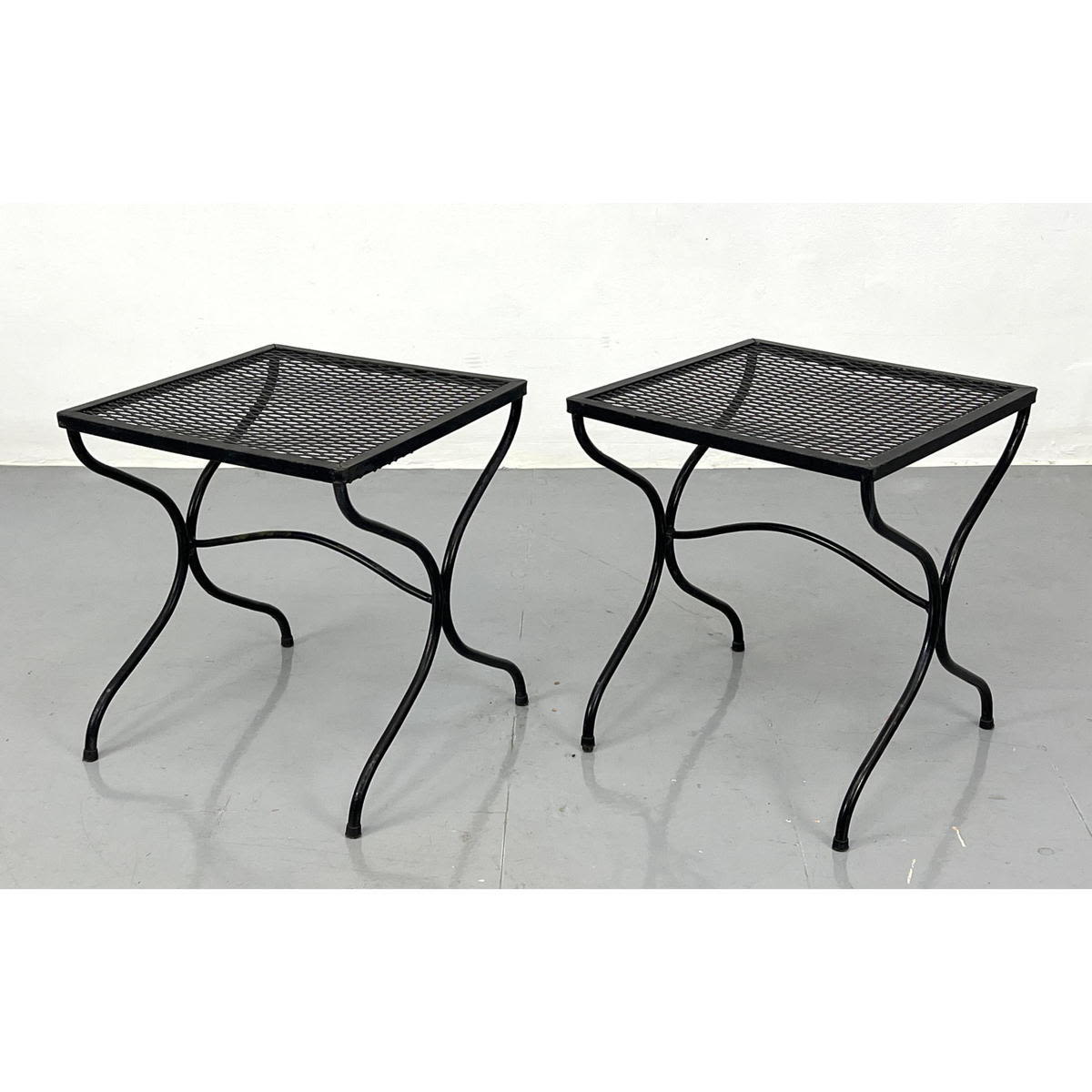 Appraisal: Pr Black Iron Patio Outdoor Side Tables Diamond mesh tops