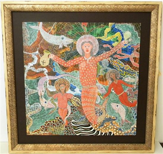 Appraisal: Frantz Zephirin acrylic on masonite Mermaids animals Three figures with