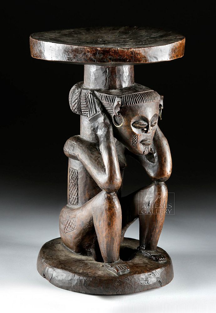 Appraisal: th C African Chokwe Wood Stool Female ex-Sotheby's Originally Listed