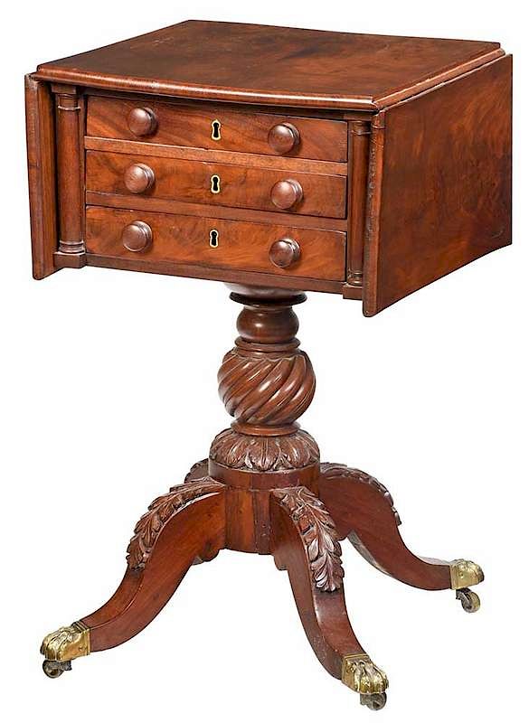 Appraisal: American Classical Carved Mahogany Work Table circa with three dovetailed