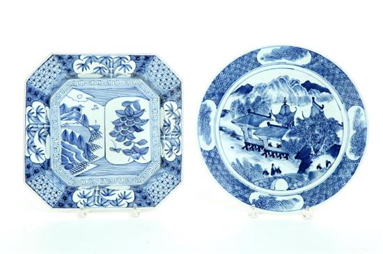 Appraisal: TWO CHARGERS Asian th century Hand decorated in blue and