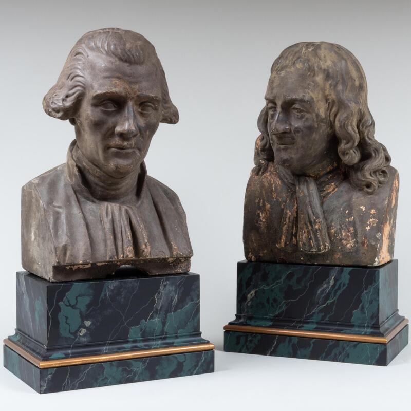 Appraisal: Two Painted Plaster Busts of Newton and Vaughan on Faux