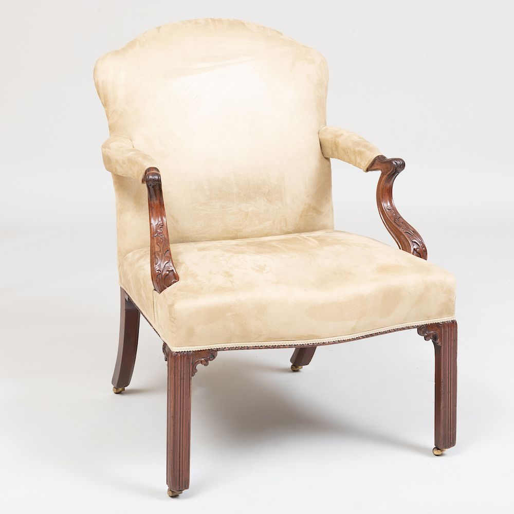 Appraisal: George III Carved Mahogany Armchair Upholstered in suede fabric raised