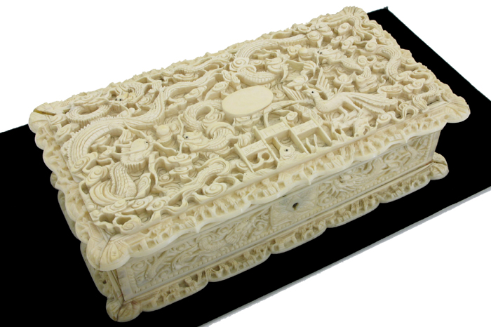 Appraisal: IVORY CARVED JEWELRY VALUABLES COVERED BOX with intricate raised top