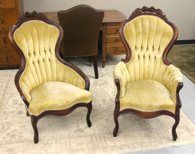 Appraisal: TWO VICTORIAN STYLE ARMCHAIRS American th century lady's and gentlemen's