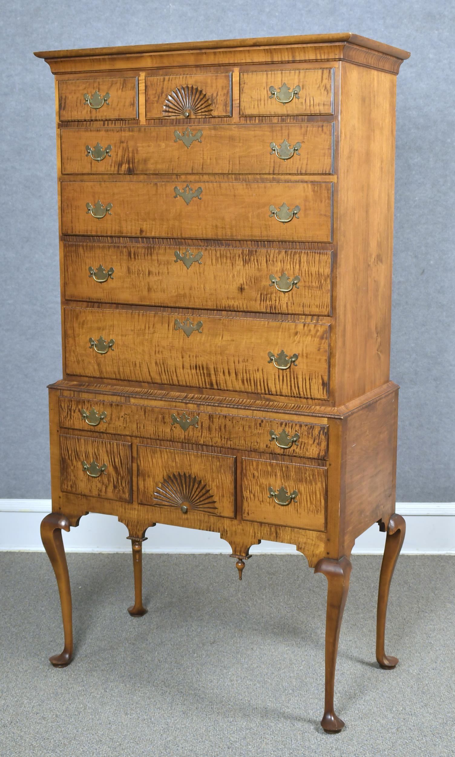 Appraisal: D R DIMES TIGER MAPLE HIGHBOY In two parts The