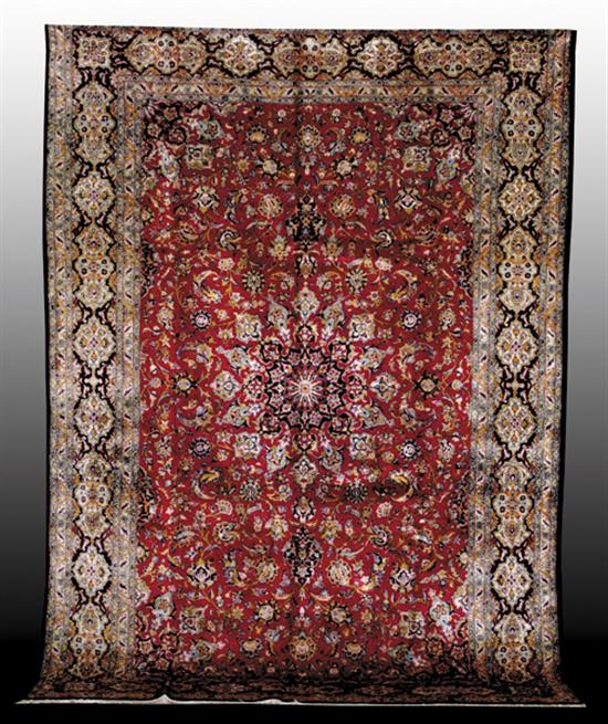 Appraisal: Persian silk Qum carpet ' x ' Borders intact good