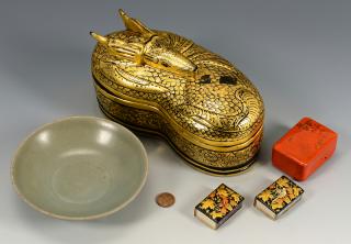 Appraisal: Asian Gilt Lacquer Boxes Celadon Bowl items st item Gilt