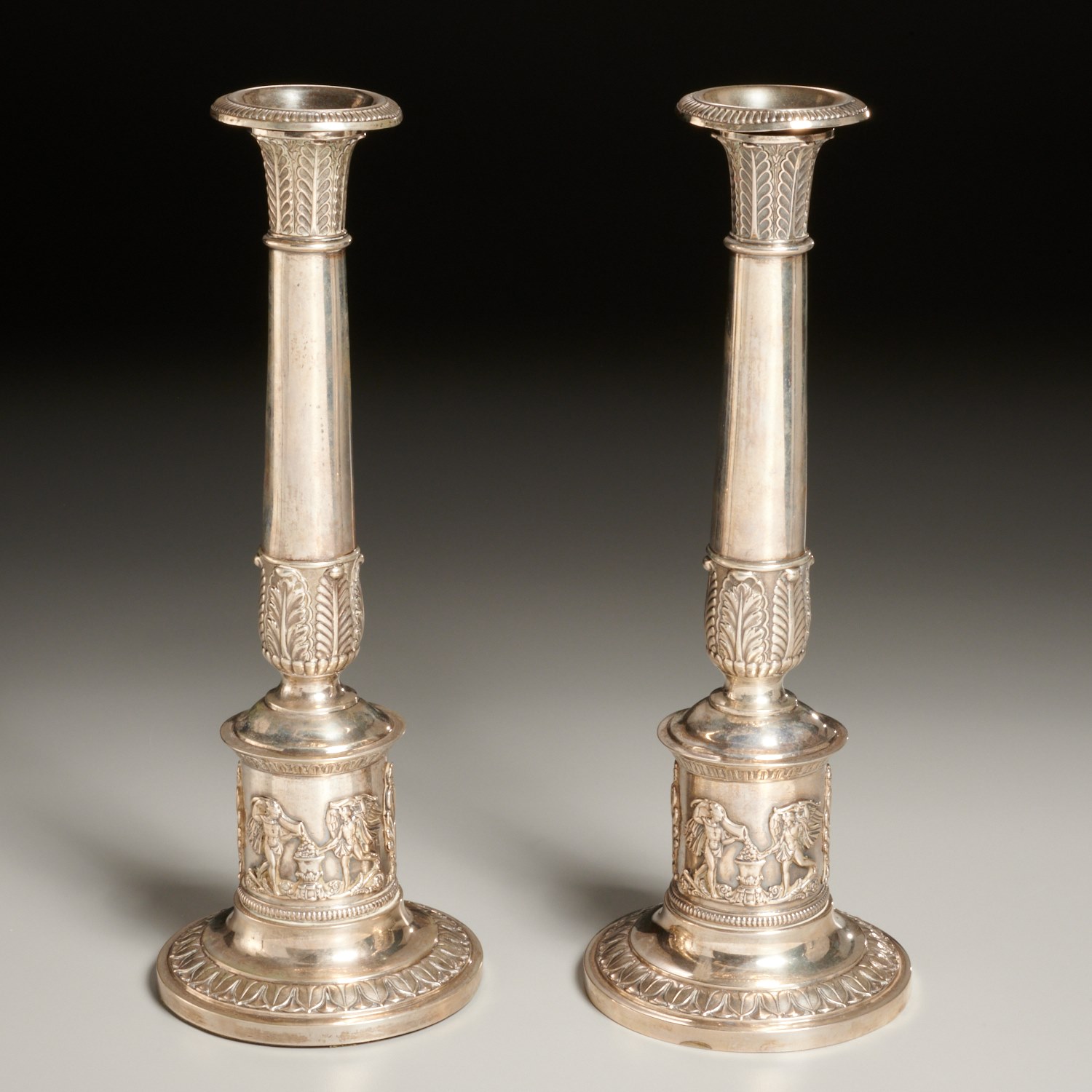 Appraisal: PAIR GERMAN NEOCLASSICAL SILVER CANDLESTICKS th c columnar form adorned