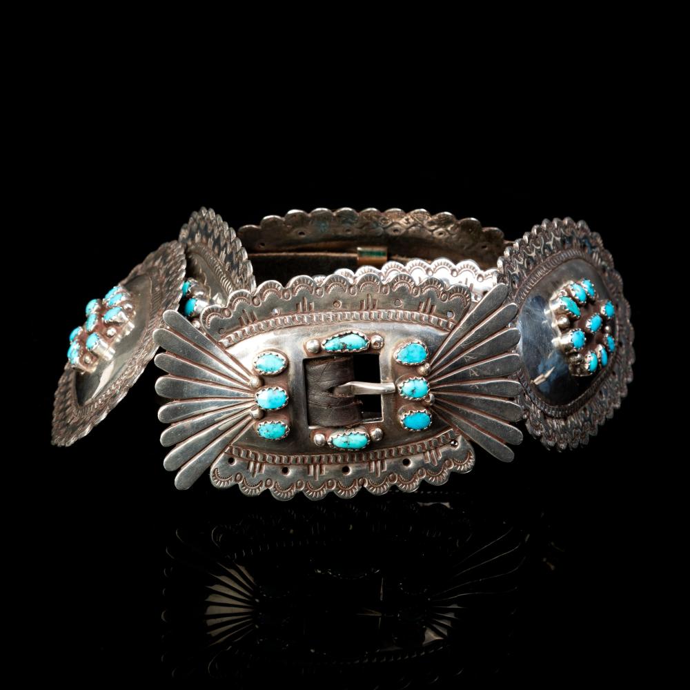 Appraisal: SEDALIO FIDEL LOVATO CONCHO BELT WITH NINE TURQUOISE CLUSTER INLAY