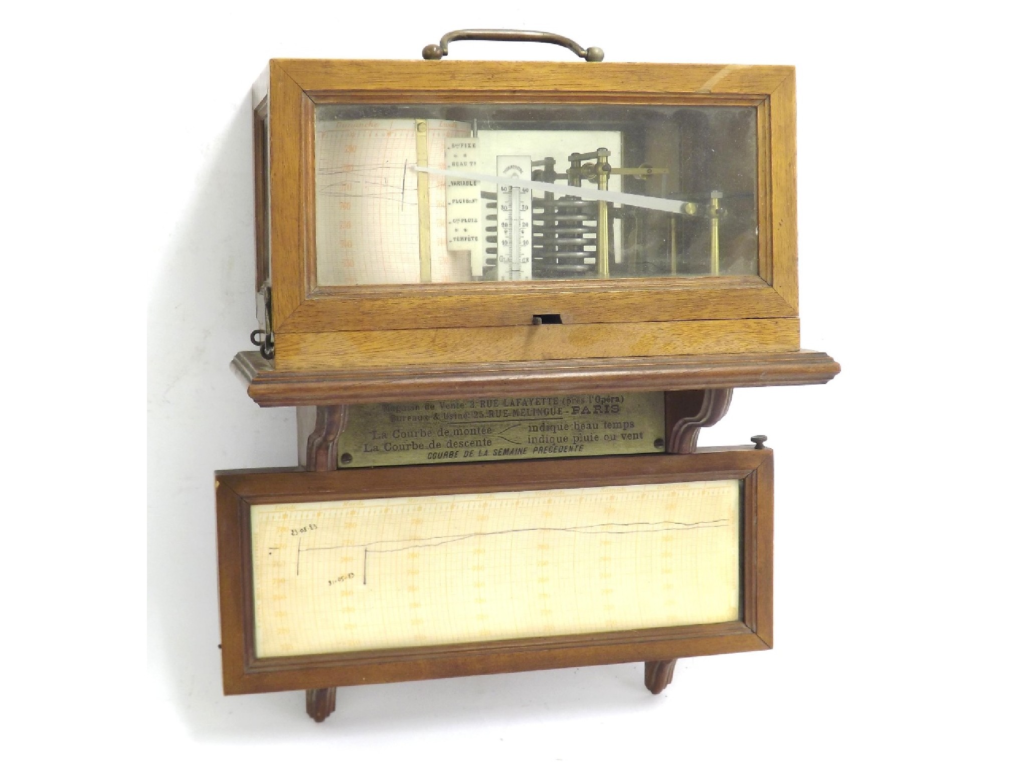 Appraisal: Unusual French wall barograph within a light wooden bevelled glazed