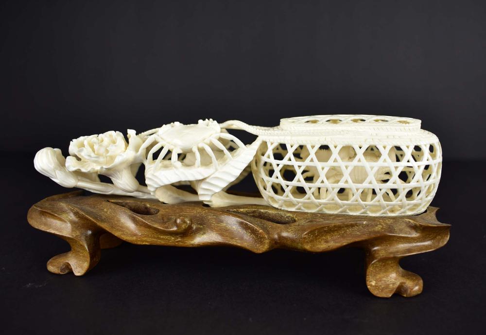 Appraisal: CHINESE CRAB BASKET GROUPCirca Carved to depict an open woven