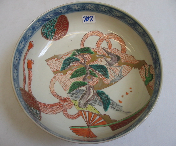 Appraisal: JAPANESE IMARI PORCELAIN BOWL with cranes and stylized fauna deep