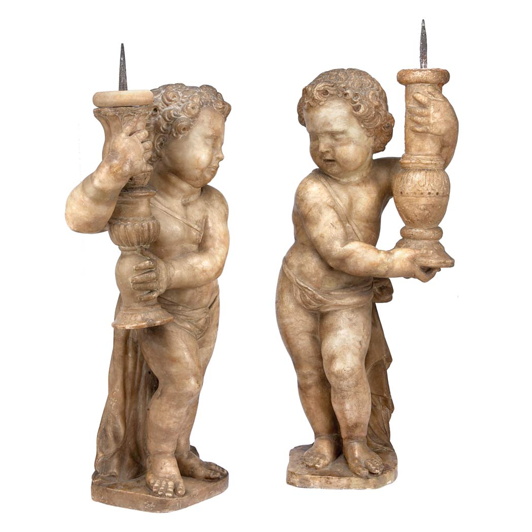 Appraisal: Pair of Continental Baroque Alabaster Figural Pricket Sticks th th