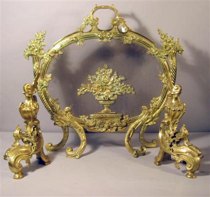 Appraisal: Louis XV style gilt bronze firescreen and chenets th century