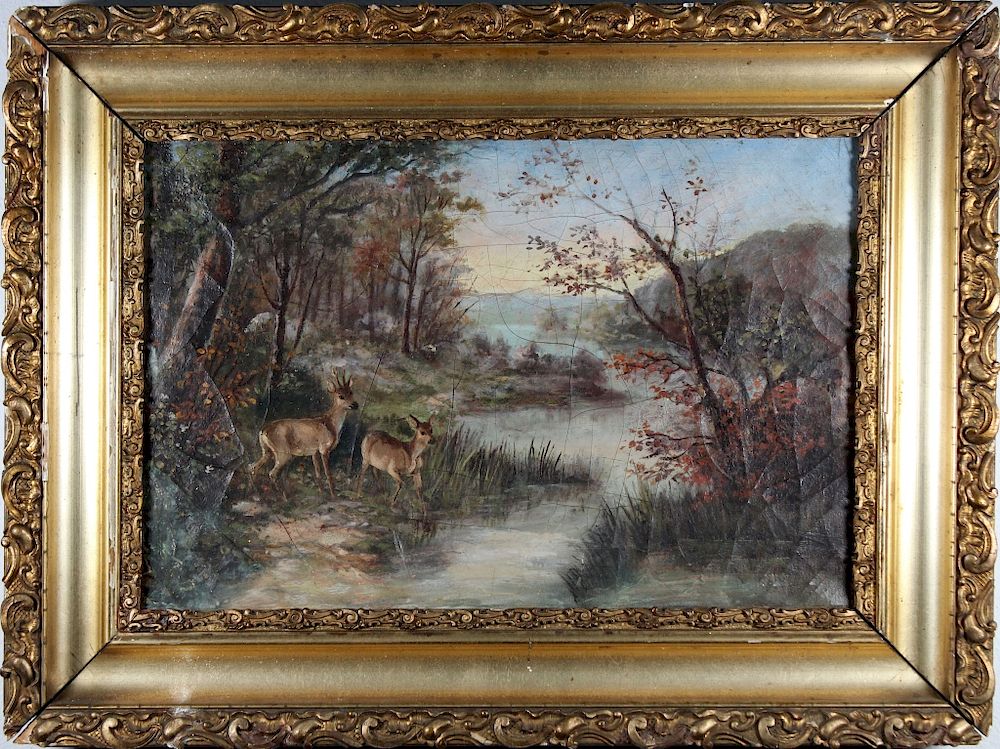 Appraisal: American School th C Painting of Deer American School th